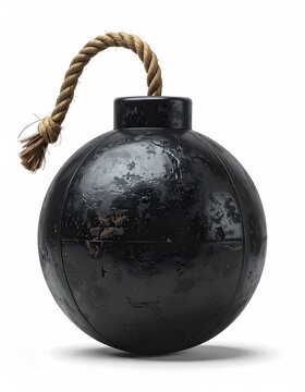 A dark, round, explosive device with a rough texture and a rope fuse
