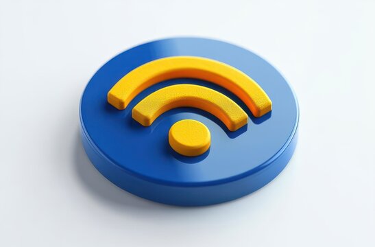 3d blue circular token with raised yellow wireless signal icon on clean white background conveying connectivity and optimism