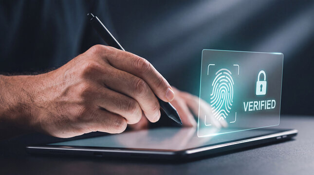 man holds glowing fingerprint interface above tablet to verify biometric login, confirm identity match, enable two factor authentication, secure personal data, and grant system access
