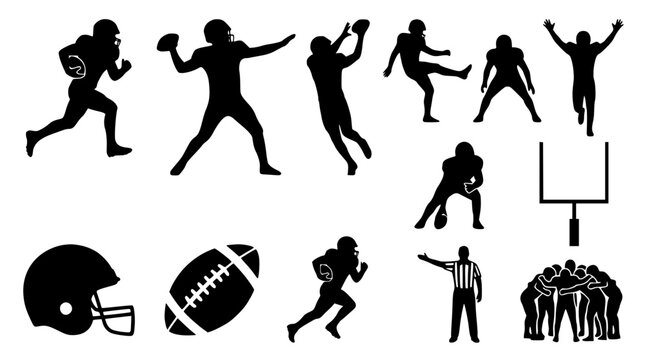 American football player silhouettes. Set of sports icons and action poses for design.