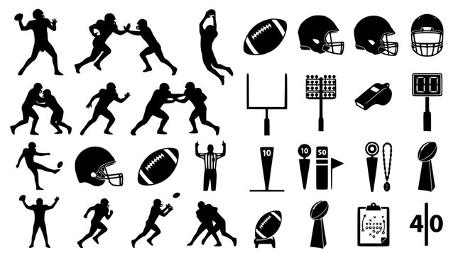American football silhouette icons set. Sports game elements and player action graphics.