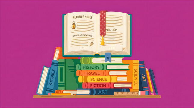 Back to school Stack of colorful books with open reader's notes, educational literature collection on purple background, academic library books for study vactor