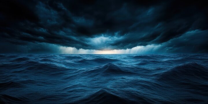 dark storm clouds over rough ocean waves with a distant sliver of light on the horizon, dramatic and foreboding atmosphere
