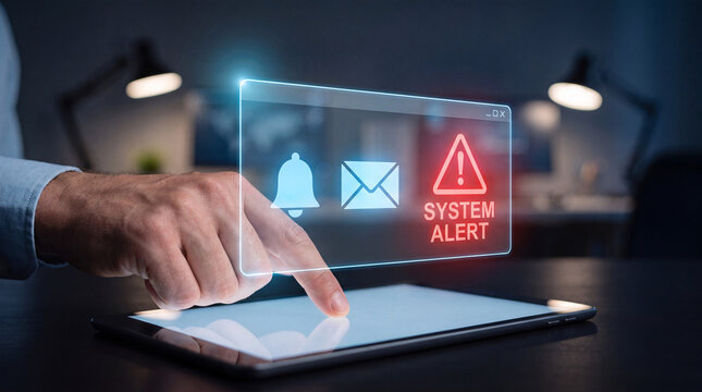 man taps glowing bell interface on tablet to receive system alert, flag security warning, review email notification, escalate priority issue, and manage incoming messages