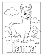 Fototapeta premium Llama Coloring Page with Animal Name for Kids. Simple Black and White Educational Illustration for Children.