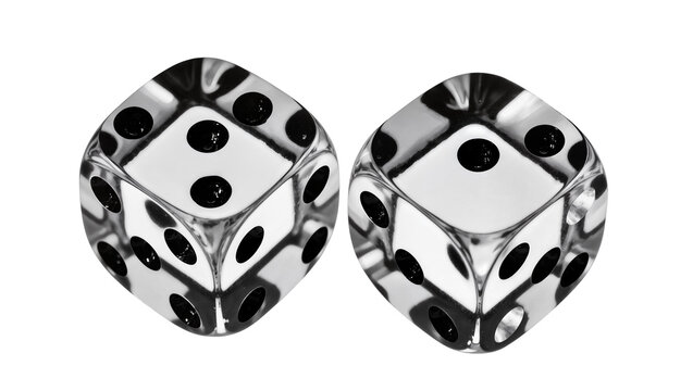 Isolated two shiny chrome dice with black pips for gambling and board game concepts.