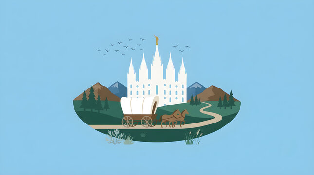 Pioneer Day Illustration with Covered Wagon, Oxen Team, Pioneer Family, and Mountain Landscape
