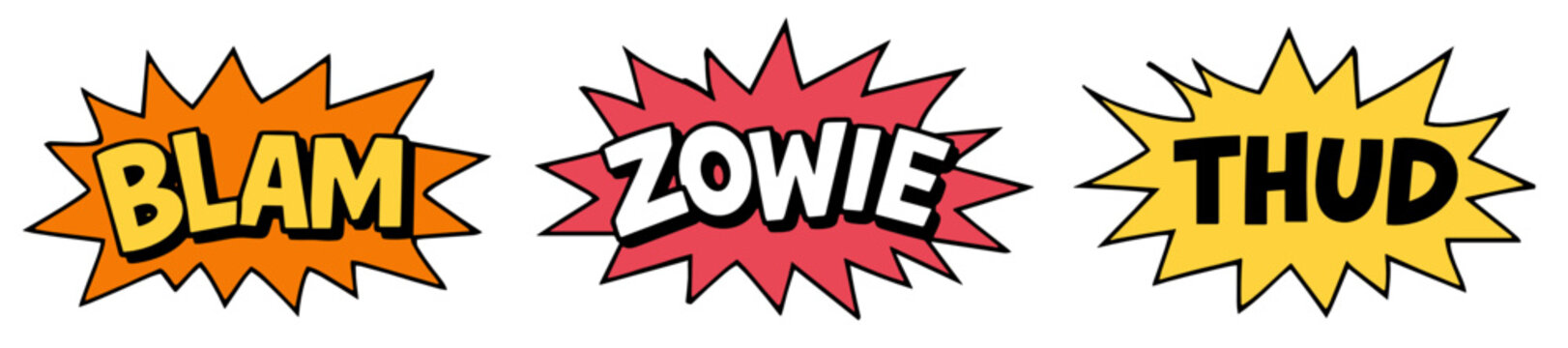 Row of three comic book sound effect bursts reading Blam, Zowie and Thud in bold cartoon lettering, perfect for retro pop art and action design projects.