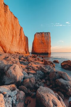 golden-hour coastal cliffs and isolated sea stack above a rocky shoreline, warm orange light, calm sea and pastel sky evoking a tranquil majestic mood