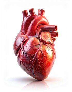 A highly detailed, realistic anatomical heart on a stark white background