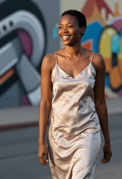Smiling african american woman in a champagne slip dress walking outdoors with colorful graffiti in the background, She has short hair and a joyful expression