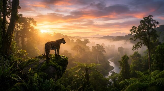 Sumatran tiger on cliff overlooking misty rainforest and river at sunrise
