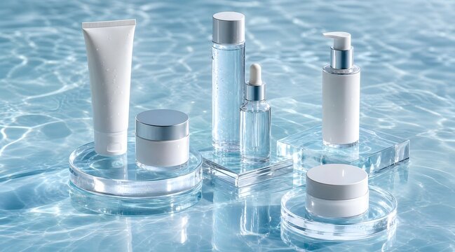 Luxury Skincare Mockup Set Floating on Crystal Clear Pool Water Surface
