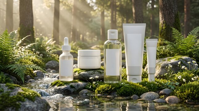 Luxury Skincare Mockup Set in Enchanted Forest with Morning Sunlight