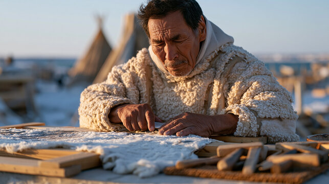 An Inuit elder carefully scrapes a stretched seal hide across a wooden frame outside a coastal Arctic community workshop, traditional hand tools arranged on a nearby mat as low