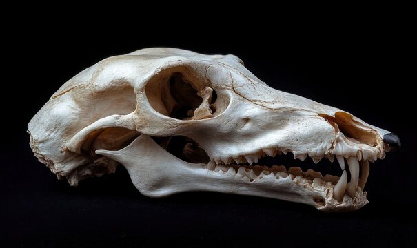 bleached canid skull in profile on black background with exposed sharp teeth, empty eye socket, cracked bone and textured surface, stark anatomical study with eerie mood