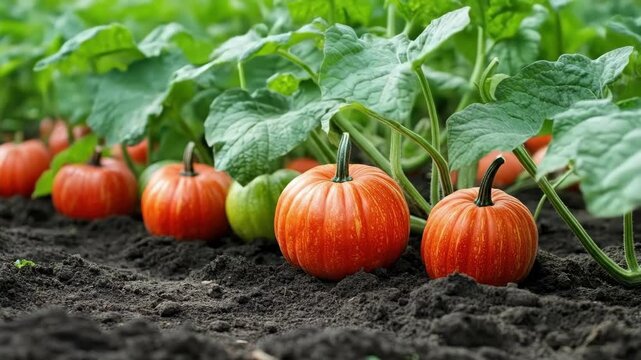 Thriving pumpkin patch with vibrant orange gourds in lush green garden