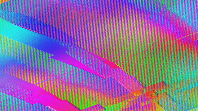 Neon magenta and cyan glitch halftone with fine-grid mesh texture and datamosh dot breakup on a digital landscape. Anchors a trippy cyberpunk rave poster or music album cover design