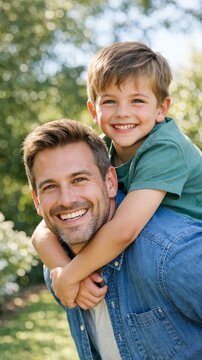 A joyful father and son moment, with a smiling adult man carrying a young boy on his shoulders outdoors. Both are laughing happily.