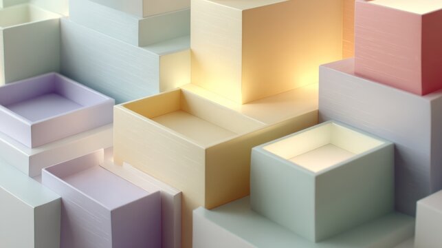 Abstract 3D composition of pastel-colored, nested boxes and cubes, lit from within