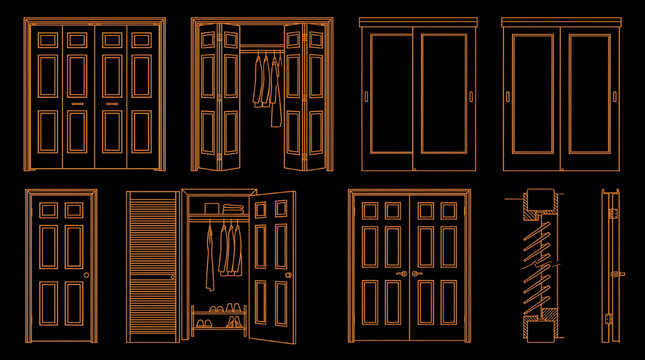 Closet Door Detailed Drawing Vector Set Multi View Architectural CAD Blueprint Orange Outline on Black Background
