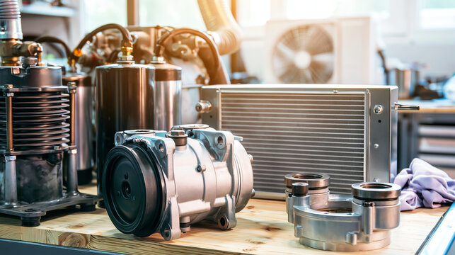 Automotive Air Conditioning Compressor Parts on Workbench