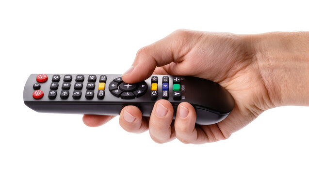 Isolated male hand holding modern television remote control and pressing a button