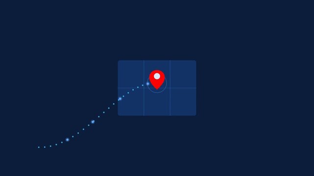 Animation of red location pin and path on dark blue background