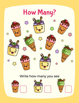 Counting worksheet with cute kawaii ice cream characters. Educational preschool kids activity design. Mathematical game for children.