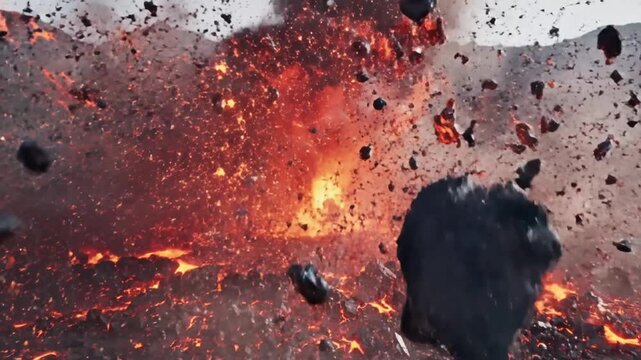 Volcano eruption releases massive amounts of molten lava and hot volcanic rocks into the dark atmosphere during a powerful geological event.
