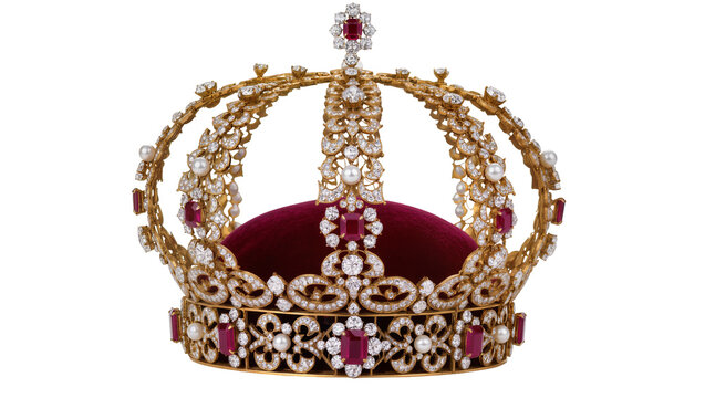 Isolated elegant ruby and diamond gold crown with pearls, magnificent royal jewelery, luxury decoration