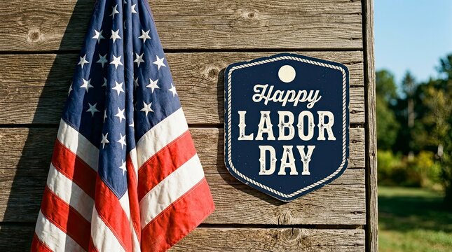 Festive labor day display american flag with 'happy labor day' sign