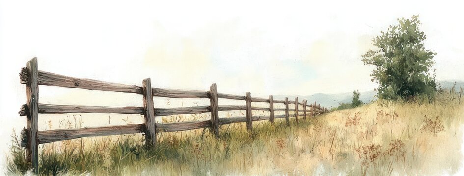 Rustic wooden fence stretching across a sunlit grassy meadow toward distant hills with a solitary tree, wild grasses and soft sky evoking peaceful calm