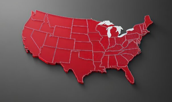 glossy three-dimensional red map of the united states with state borders and highlighted great lakes on a dark background, bold modern and authoritative mood