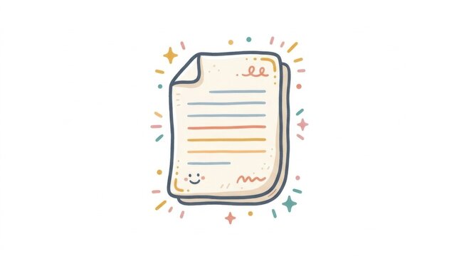 Hand drawn paper document illustration with smiley face and sparkles