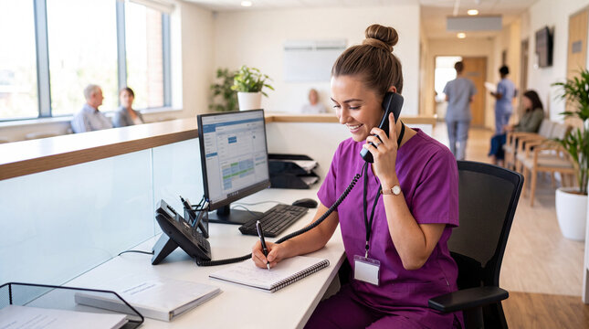 Young female nurse in scrubs talking on phone and working on laptop at clinic reception desk, healthcare administrator coordinating patient appointments in medical office