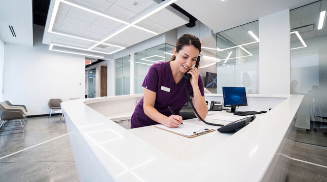 Confident medical receptionist in purple scrubs answering a telephone while updating patient records at a modern clinic reception. Bright healthcare office focused on organization and compassionate pa