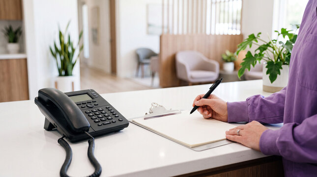 Extreme macro view of healthcare worker hands completing patient paperwork inside a modern medical clinic. Detailed administrative process supporting accurate records and patient care.