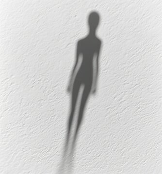 elongated shadow of a slender human figure cast on a textured white wall, evoking a solitary and eerie mood