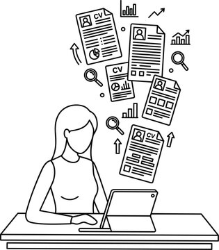 ​HR Recruiter Reviewing Resume CV Documents Line Art Vector for Job Search Concept
