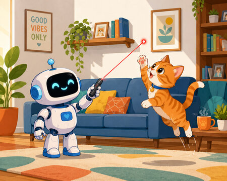 A cute robot holding a laser pointer, playing with a playful kitten in a modern living room. The kitten is jumping to catch the red dot. Wholesome, fun, and warm domestic atmosphere.