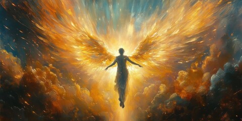 Obraz premium luminous angelic figure with outstretched golden wings rising through fiery clouds, evoking awe and transcendence