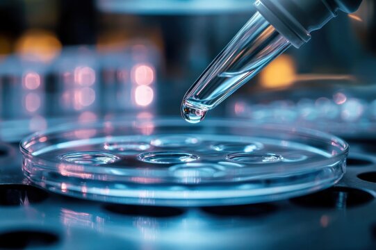 close-up of glass pipette releasing a single droplet into a multi-well petri dish under cool blue and pink lab lighting, conveying precise focused scientific work