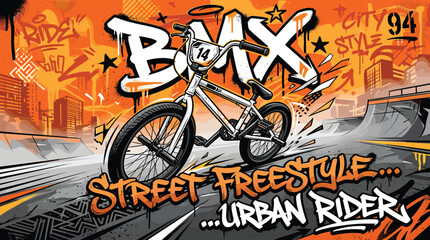 Urban BMX street freestyle graffiti illustration. Gritty orange skatepark background with bicycle. Extreme sports urban rider poster art. © Iconify Studio