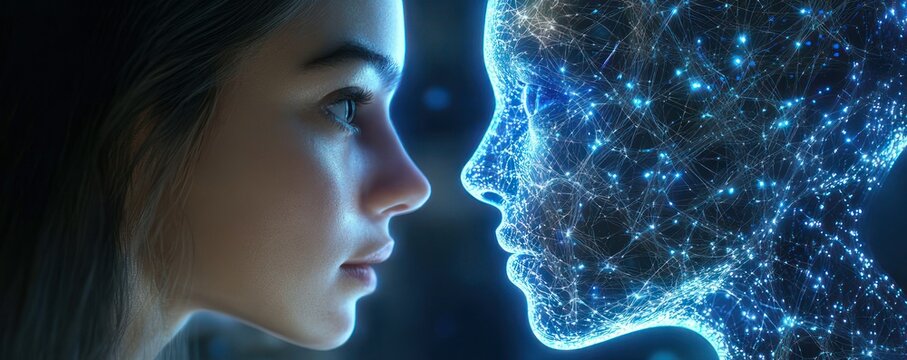 blurred human face behind frosted panel facing a glowing blue networked digital human profile, conveying contemplation and technological connection