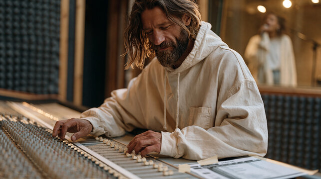 A sound engineer in a professional recording studio adjusts fader levels on a large analog mixing board, acoustic foam panels on every wall, a vocalist standing behind glass in