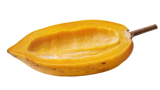 Isolated ripe mamey sapote fruit half with vibrant orange pulp and natural textured skin