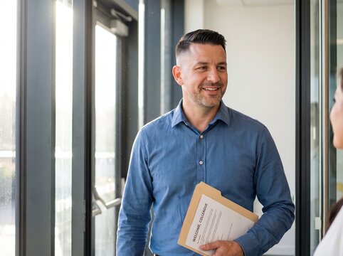Generative AI, Smiling businessman welcoming new colleague with onboarding folder in office