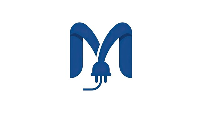 Blue letter M electrical plug logo on white background.