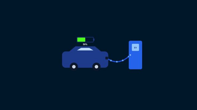 Blue electric car charging at power station with full battery icon